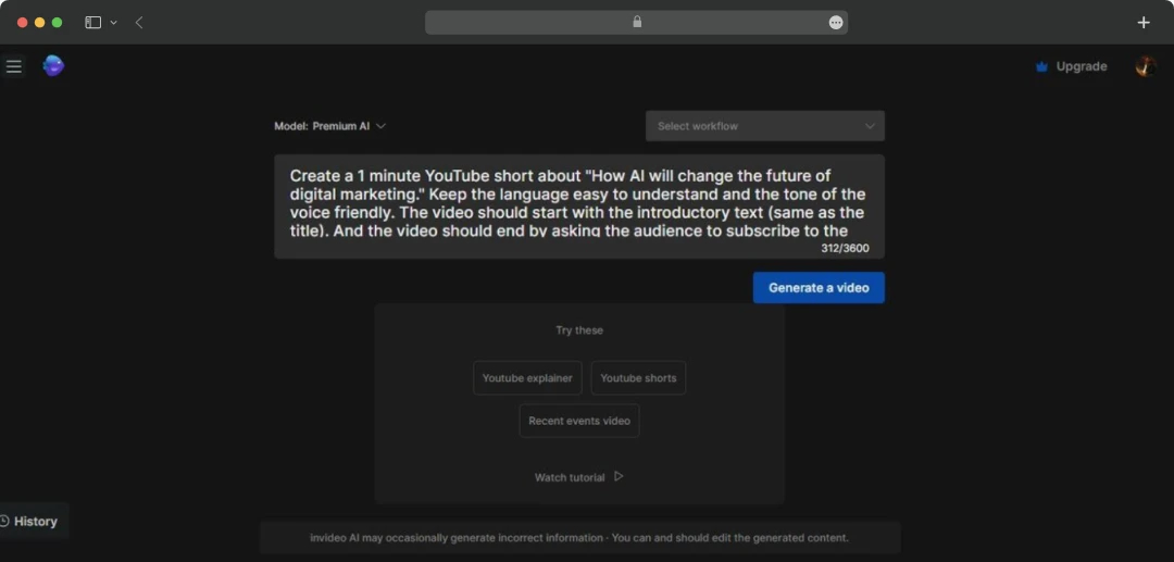 Give prompt to Invideo