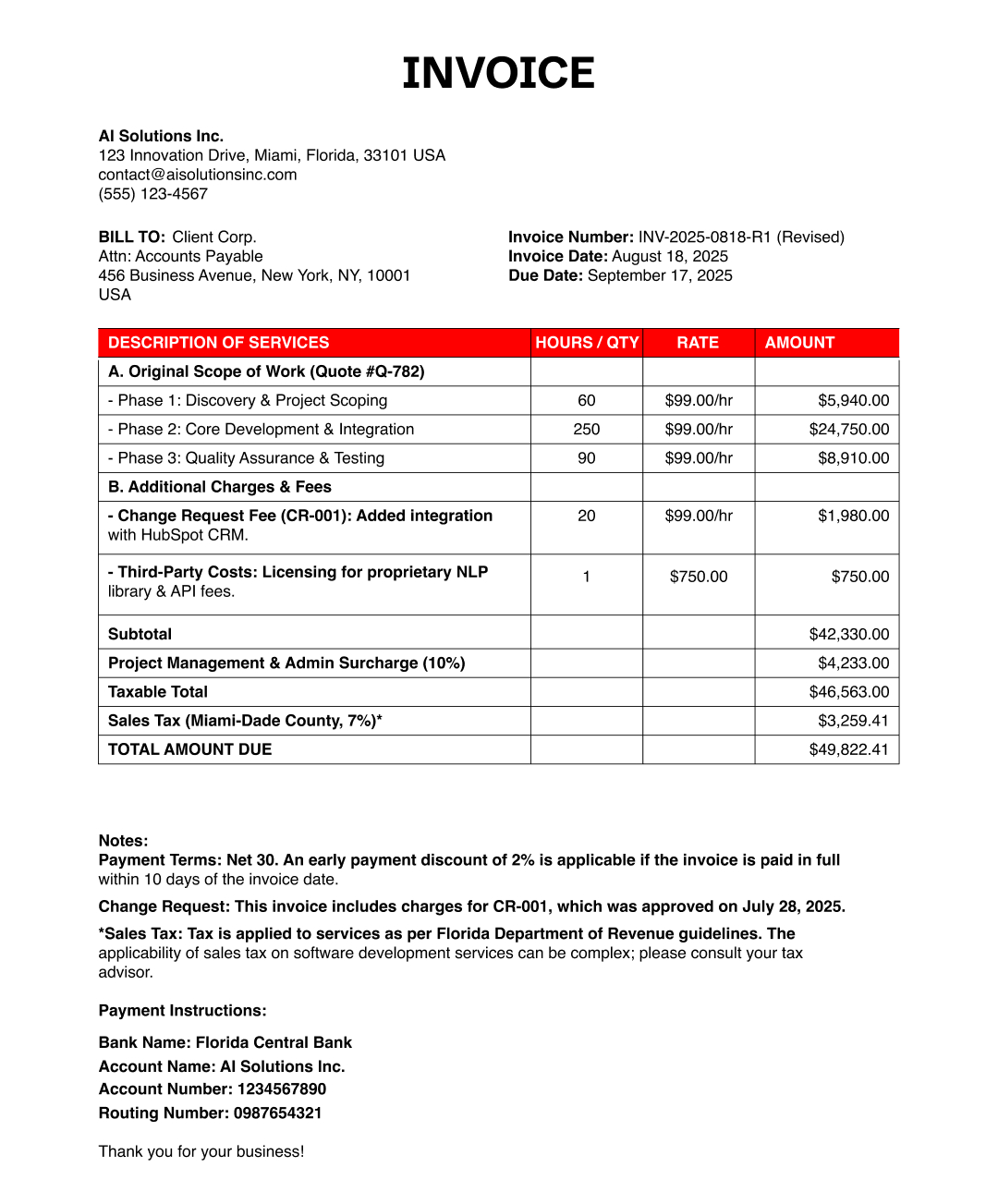 AI development cost sample invoice