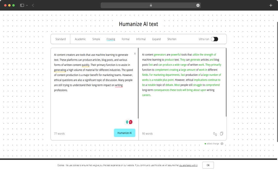 Humanize AI flowing feature