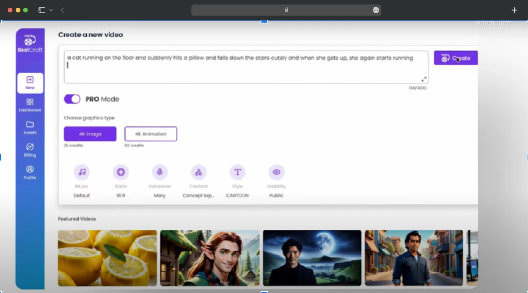 Type prompt to generate video in ReelCraft