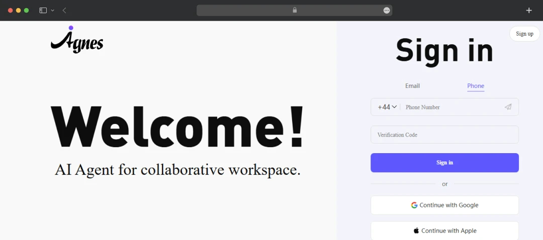 Agnes login and signup page