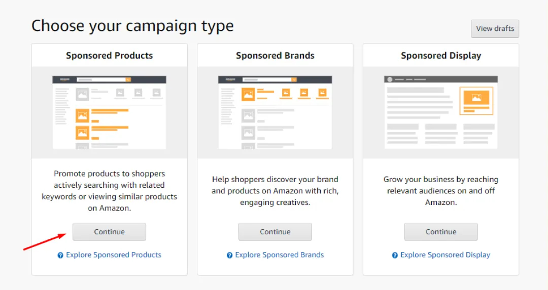 Choose Your Campaign Type: Sponsored products, Sponsored Brands, Sponsored Display