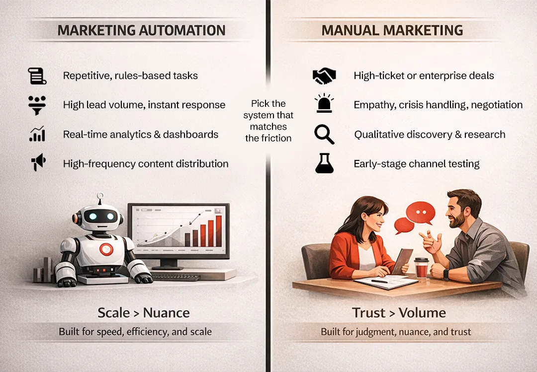 Image describing use cases of automated marketing vs manual marketing for business goals.