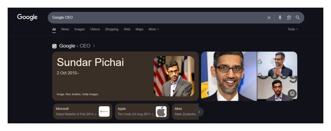 NLP in SEO example. Keyword used 'Google CEO'