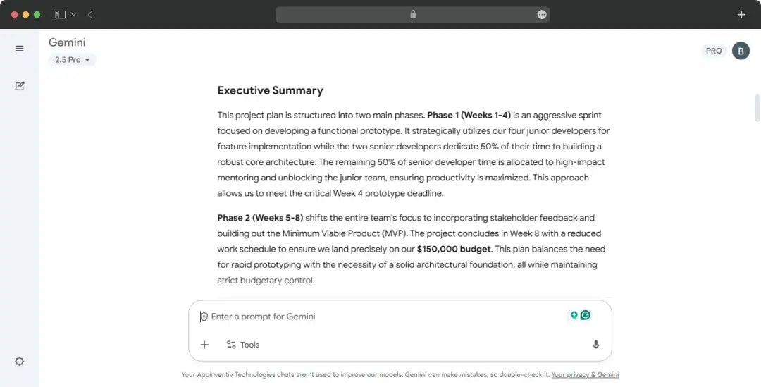 Gemini’s response to the reasoning and complex problem-solving prompt