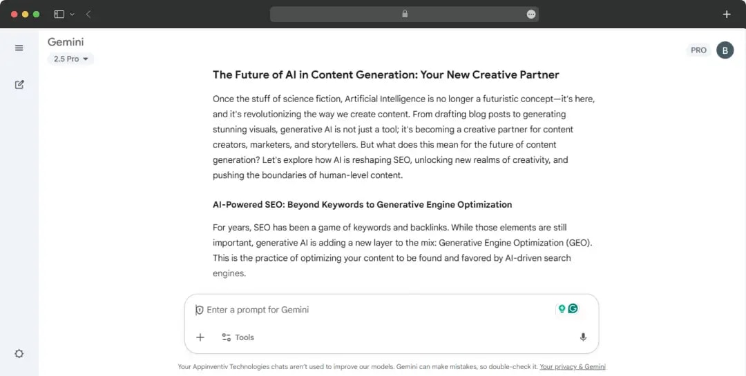 Gemini’s response for checking SEO, creativity, and content generation capability
