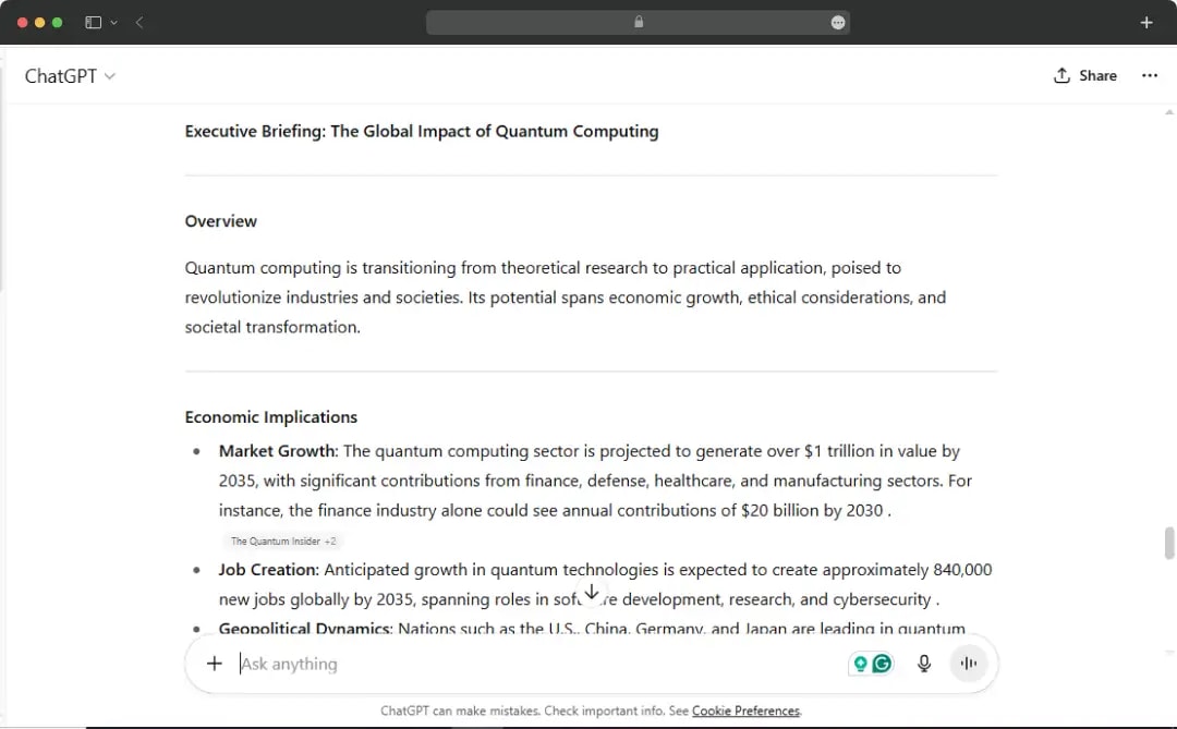 ChatGPT’s response for testing deep research & summarisation prompt