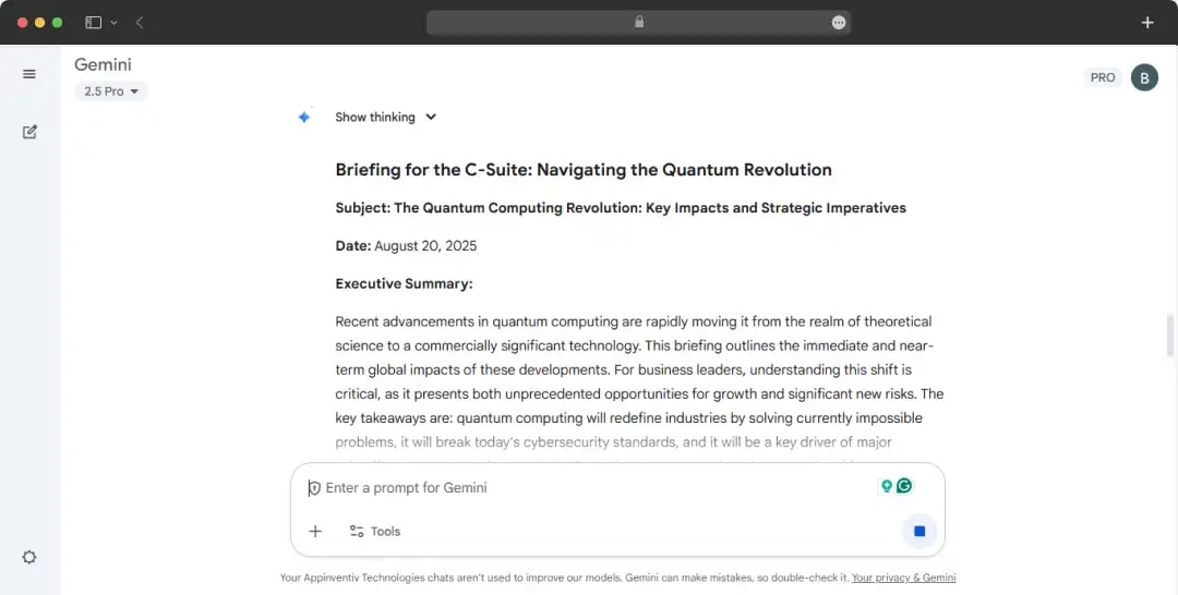 Gemini’s response for testing deep research & summarisation prompt