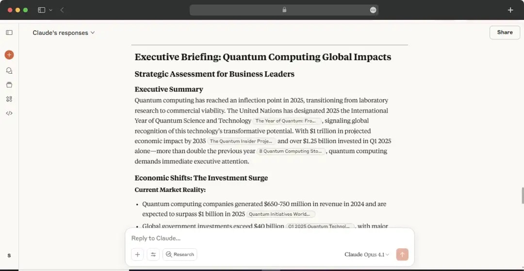 Claude’s response for testing deep research & summarisation prompt
