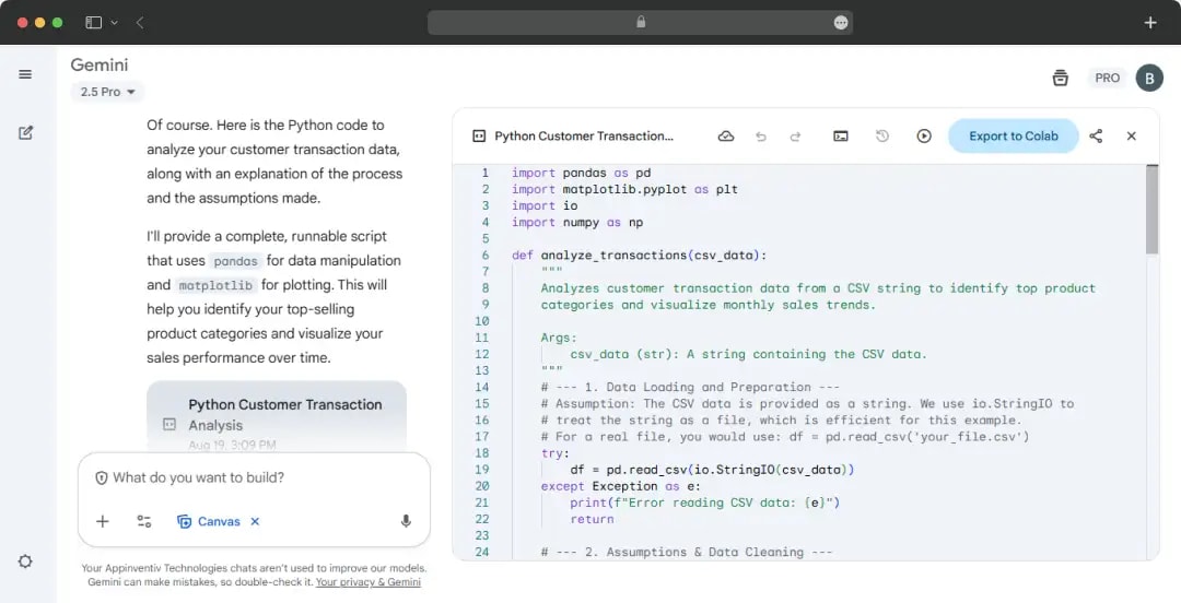 Gemini’s response to coding and data analysis prompt