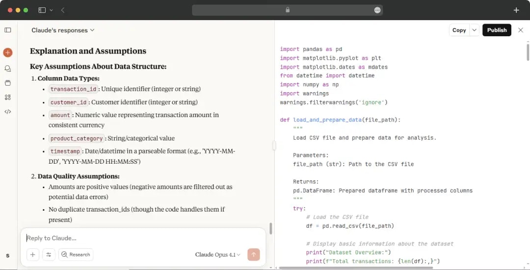 Claude’s response to coding and data analysis prompt