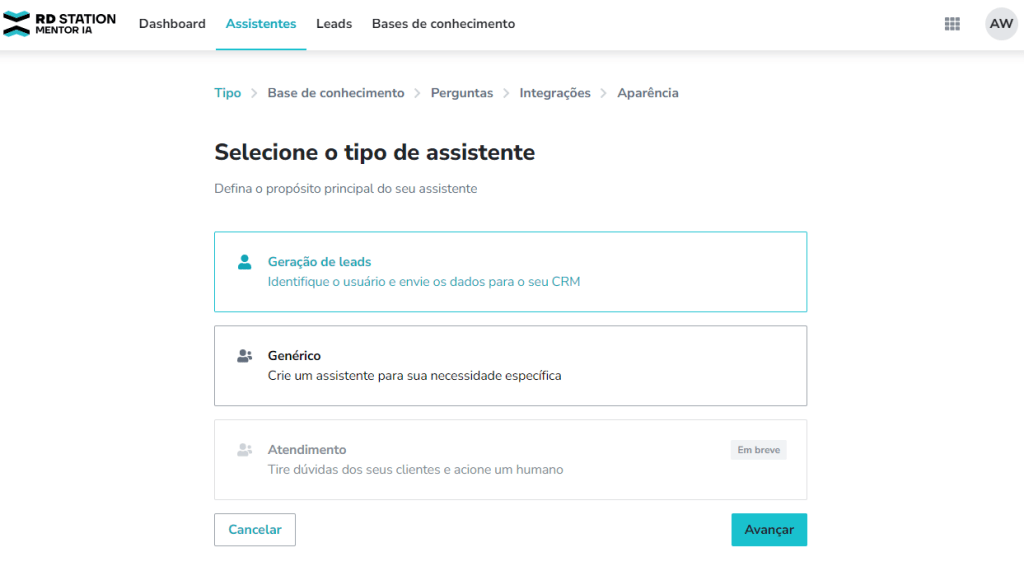 Selecione o tipo de assistente