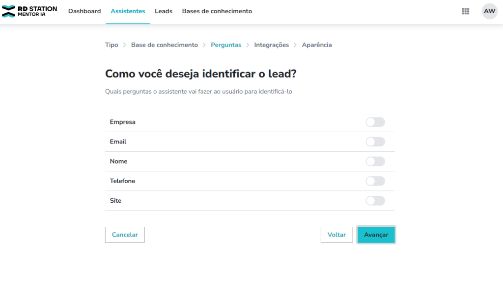Selecione como o assistente irá identificar o lead