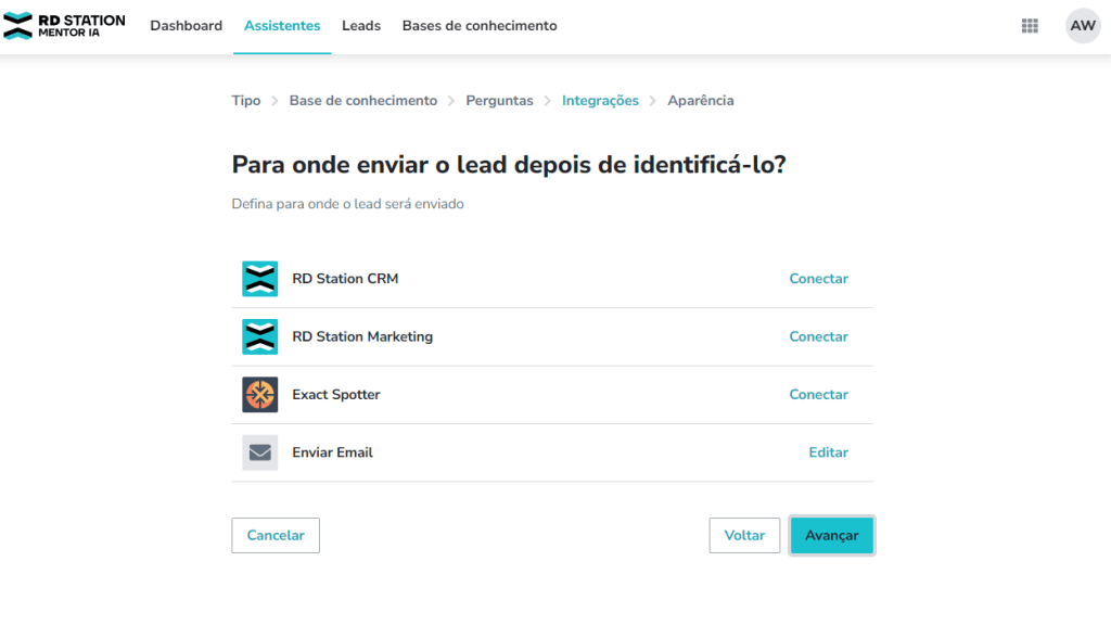 Defina para onde o potencial lead será enviado