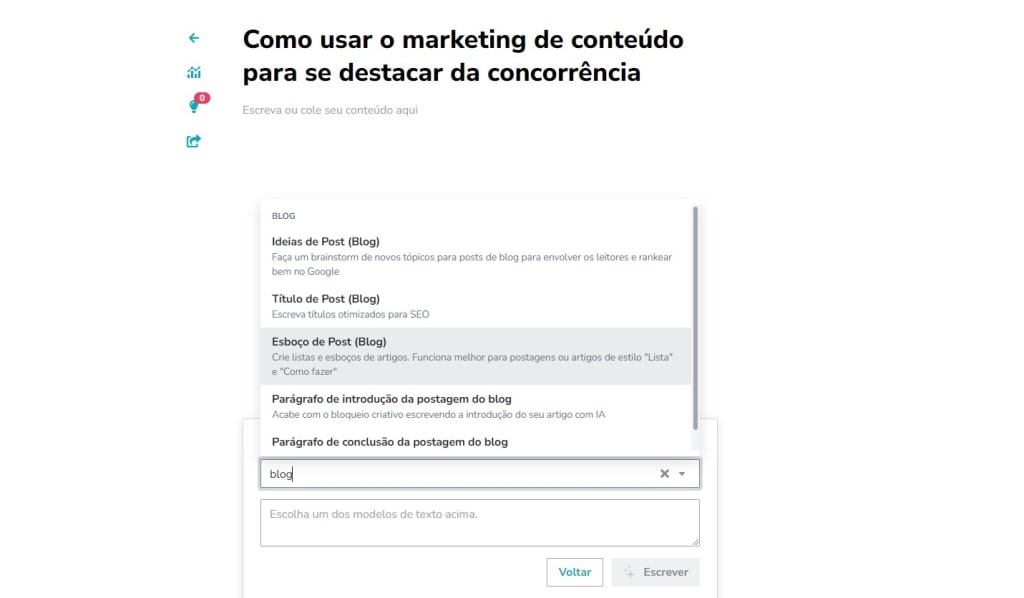 A opção Esboço de Post ajuda a gerar ideias para o seu texto