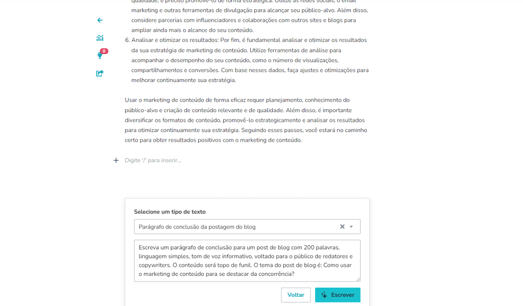 Definindo o parágrafo de conclusão do texto no Mentor IA