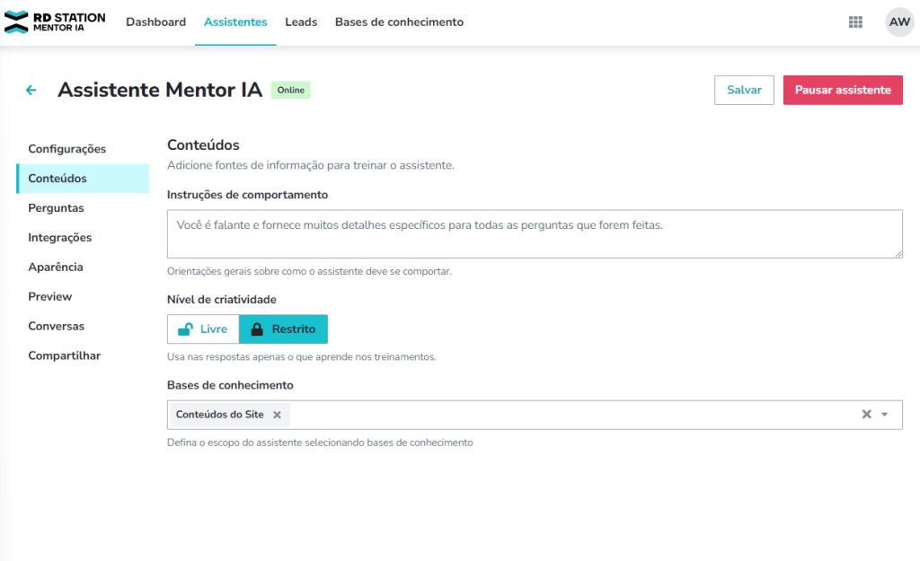 Configurações relacionadas aos conteúdos