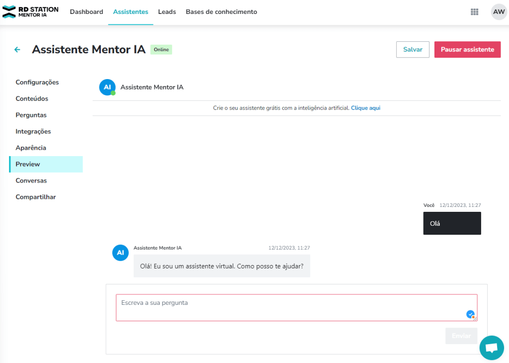 Preview do seu assistente