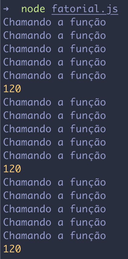 Chamando a função fatorial com log