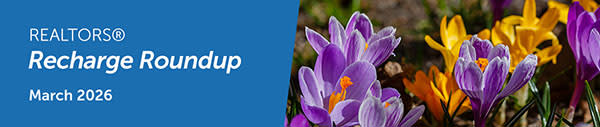 REALTORS Recharge for March 2026 with yellow and purple flowers.