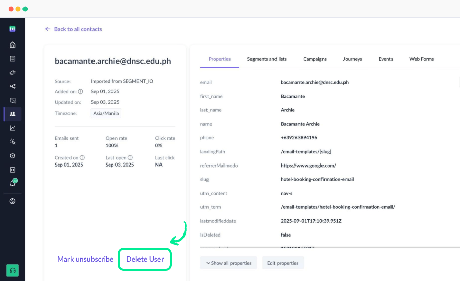 delete single contact