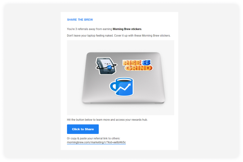 Referral link and share button in Marketing brew's email 