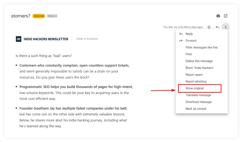 Steps to find an email header in Gmail - click on three dots and then click on "Show original."