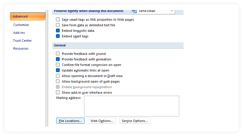 Choose file locations option in General section under Advanced column