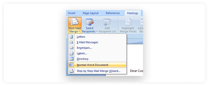 Choose the normal word document option in the Start Mail Merge section under the Mailings menu