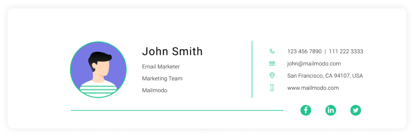 Email signature example: Name, headshot, designation, company's name and contact details.