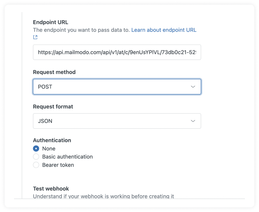 Select Request method as POST. Select Request format as JSON. Select None under Authentication.