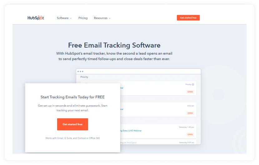 Screenshot of Hubspot's Email Tracking Software page