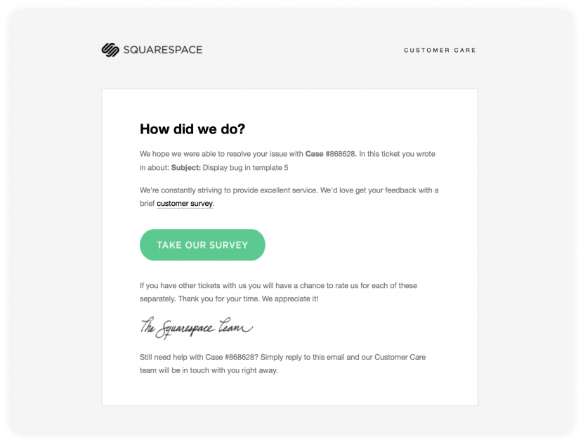 Customer support request email by Squarespace