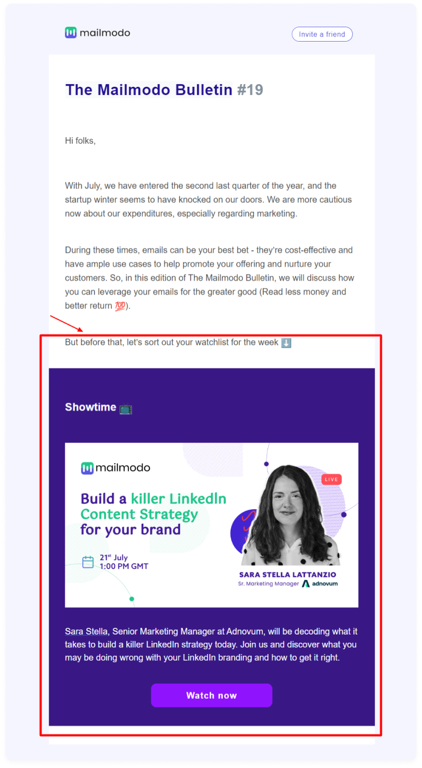 Promoting upcoming webinar in newsletter by Mailmodo