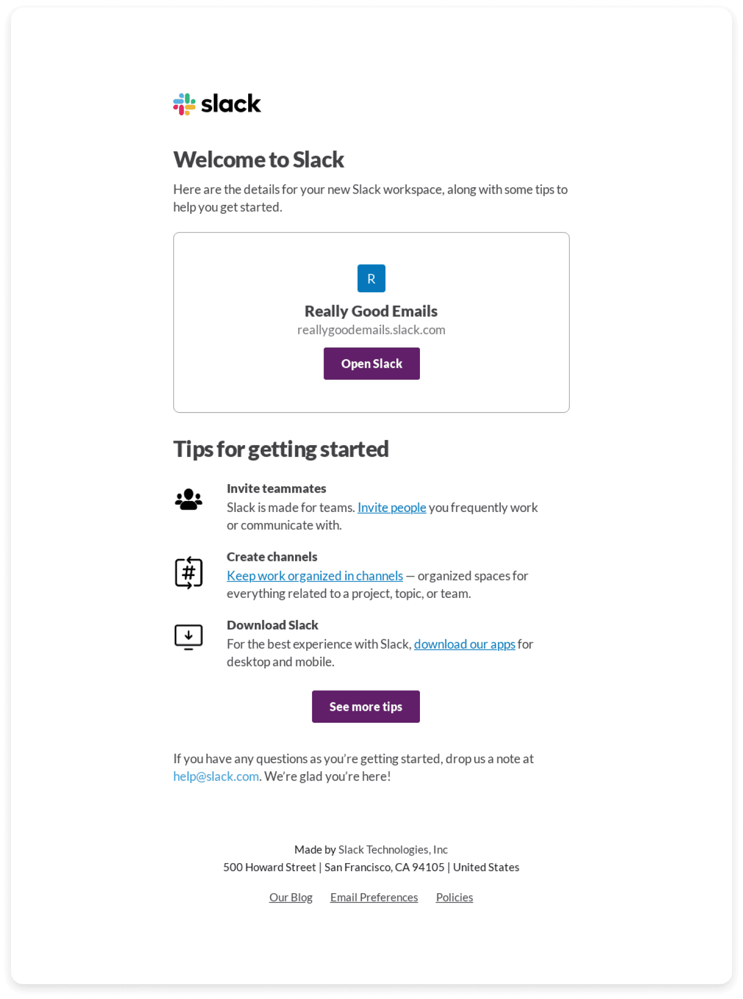 An image of Slack welcome email