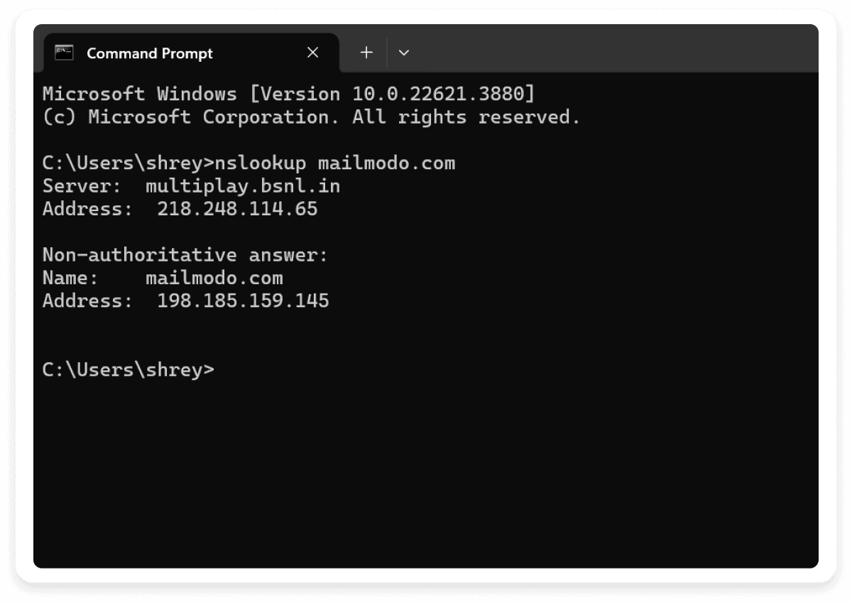 A rectangle showing Nslookup results using command line