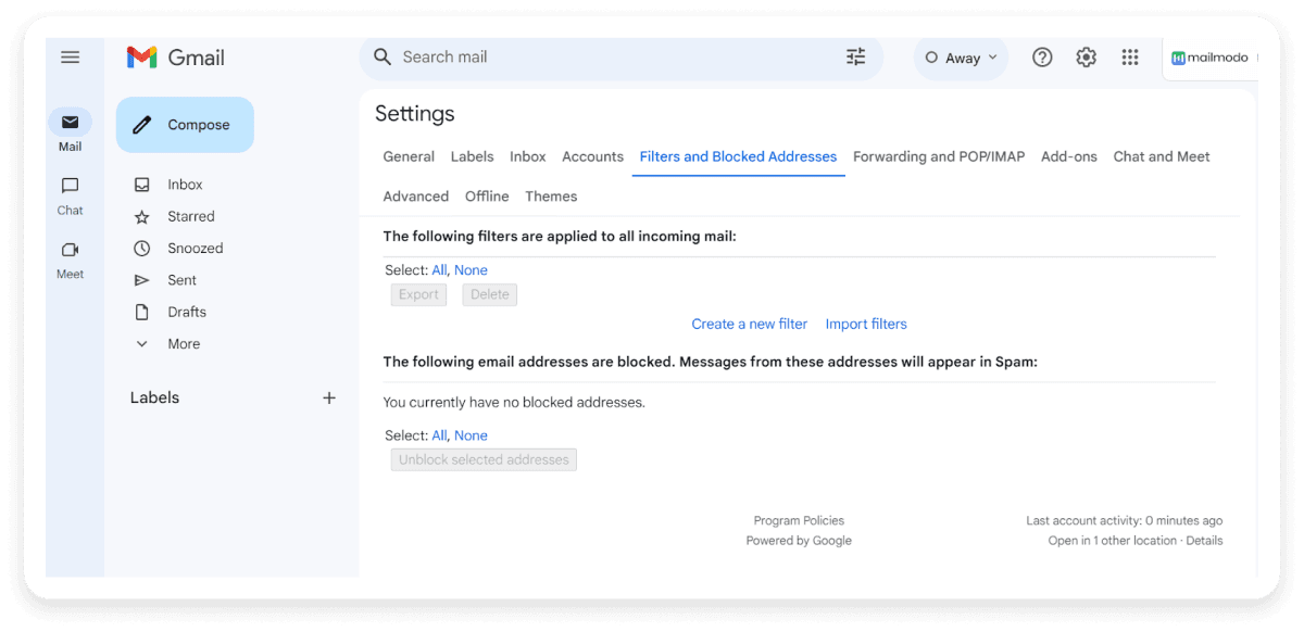 An image showing setting filter in Gmail to whitelist email address