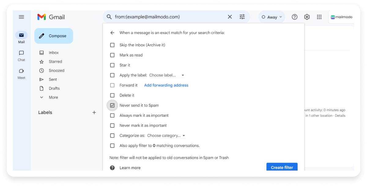 An image showing setting filters to whitelist emails in Gmail 