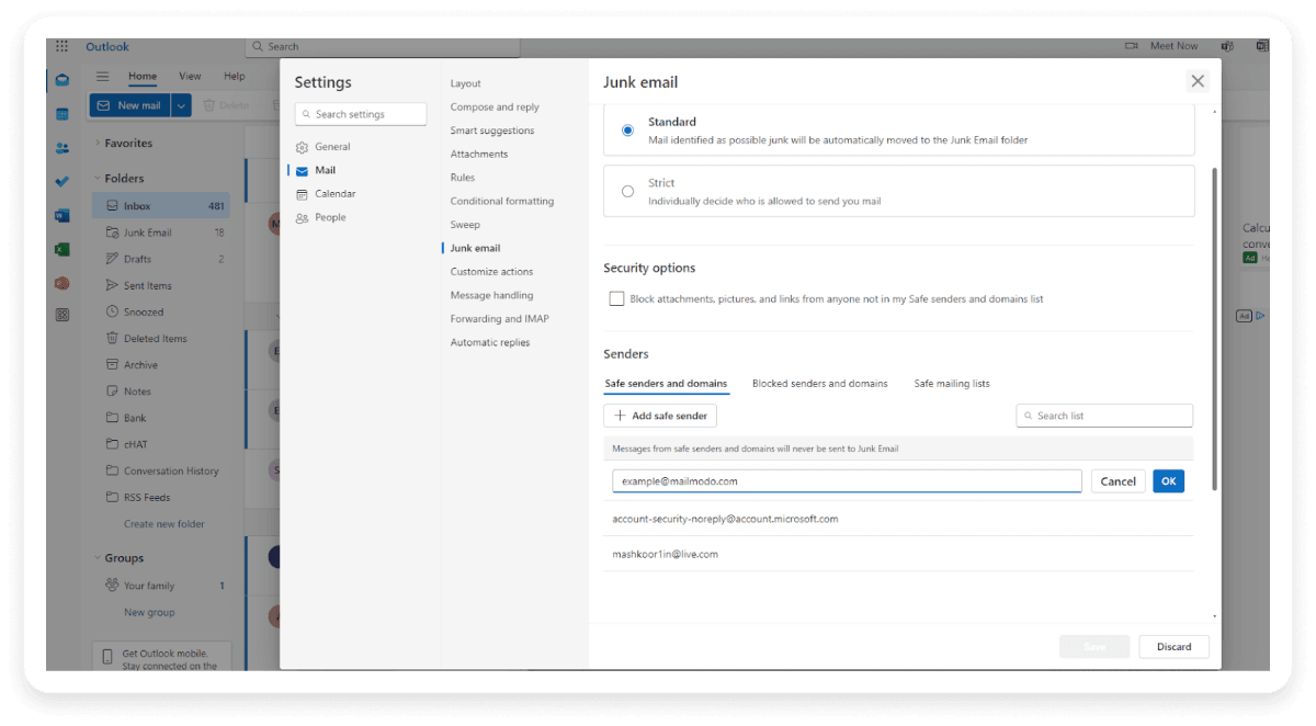 An image showing  how to add email address to safe senders list in Outlook