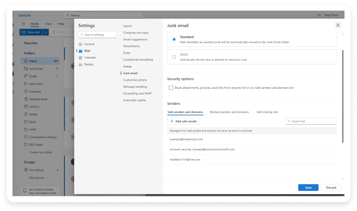 An image showing how to set safe senders list in Outlook