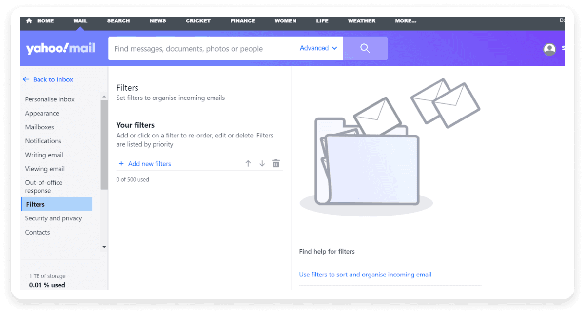 An image showing how to set filters to whitelist emails in Yahoo