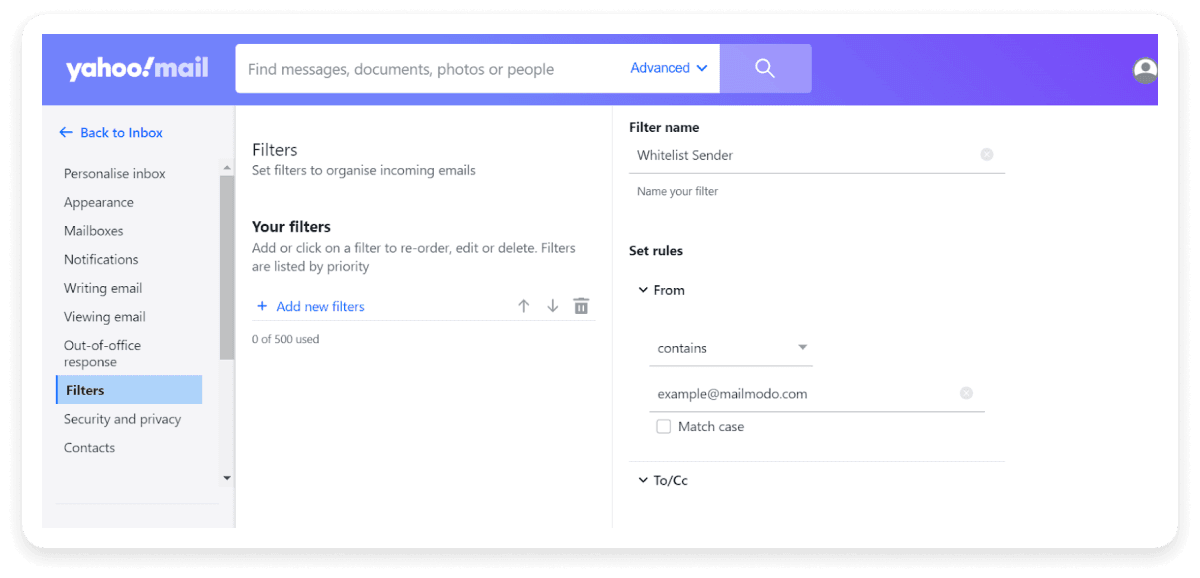 An image showing step by step process of setting filters in Yahoo