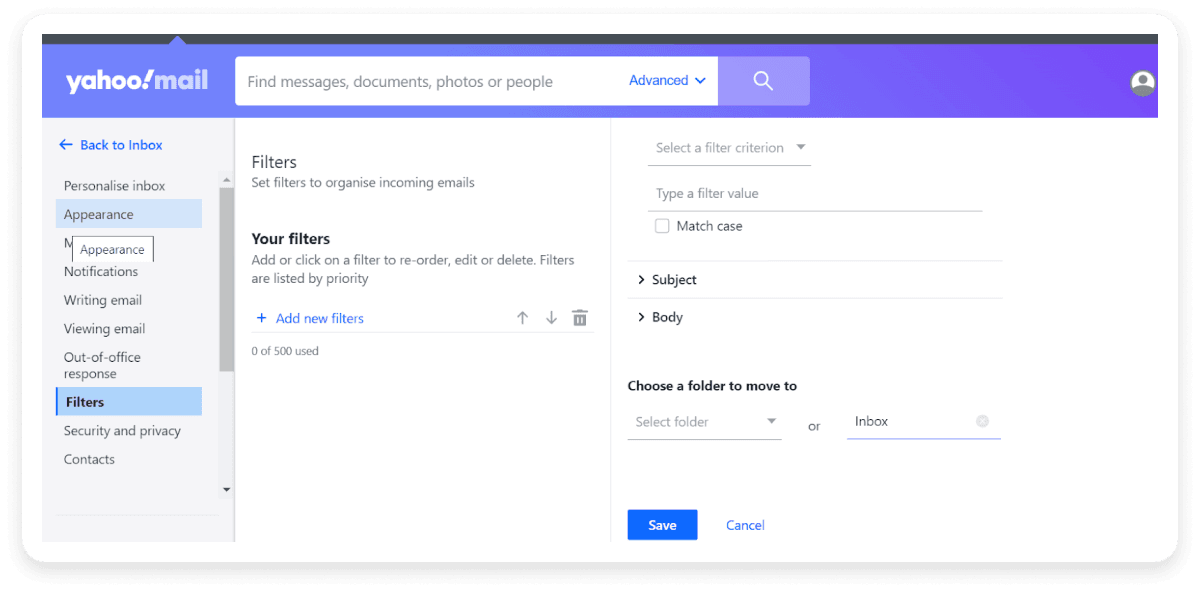 An image showing where to direct whitelisted emails in Yahoo