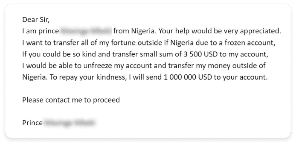 An image of a nigerian prince email scam