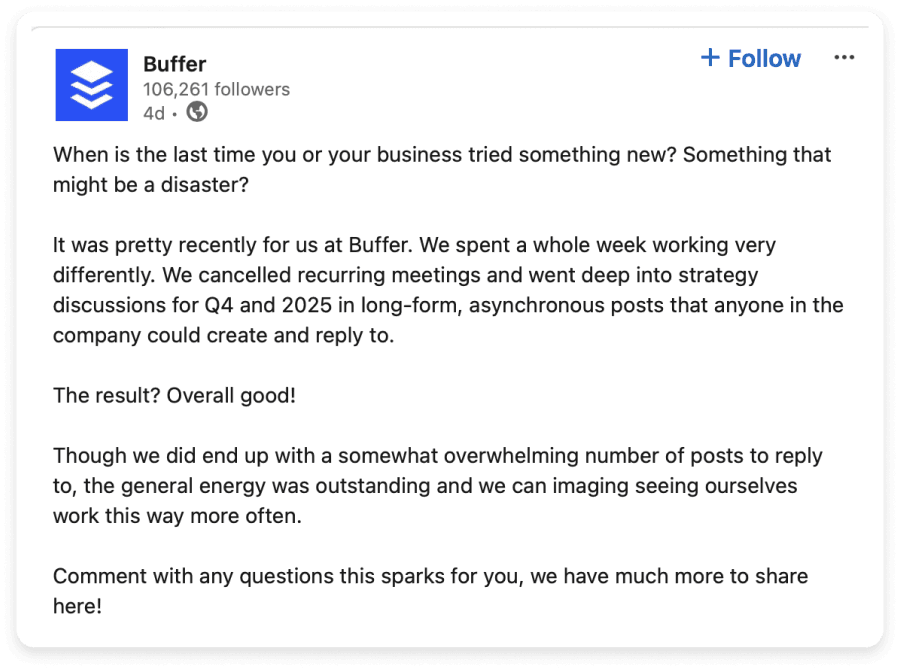 https://res.cloudinary.com/mailmodo/image/upload/f_auto,q_100/v1728633920/strapi/11_e7cad22767.png This image shows a LinkedIn post from the company Buffer.
