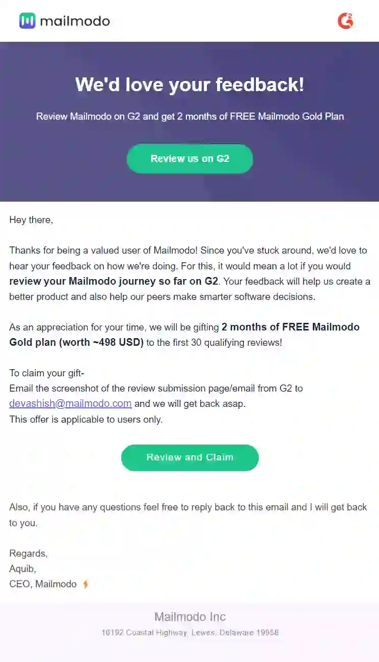 G2 Review Email Template