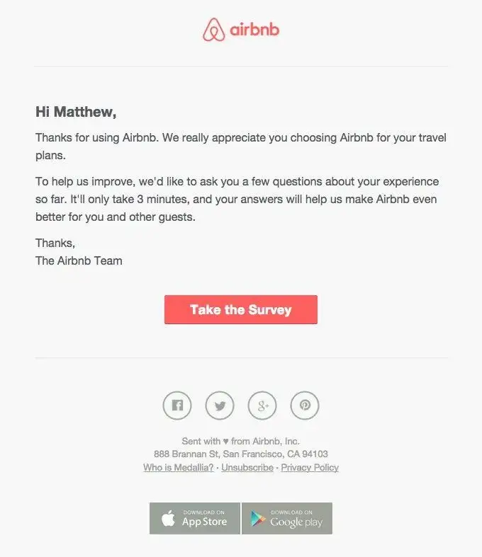 Airbnb survey email campaign