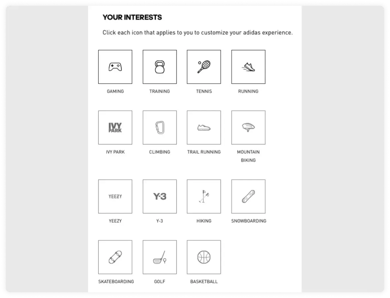 Adidas preference center - Interest options