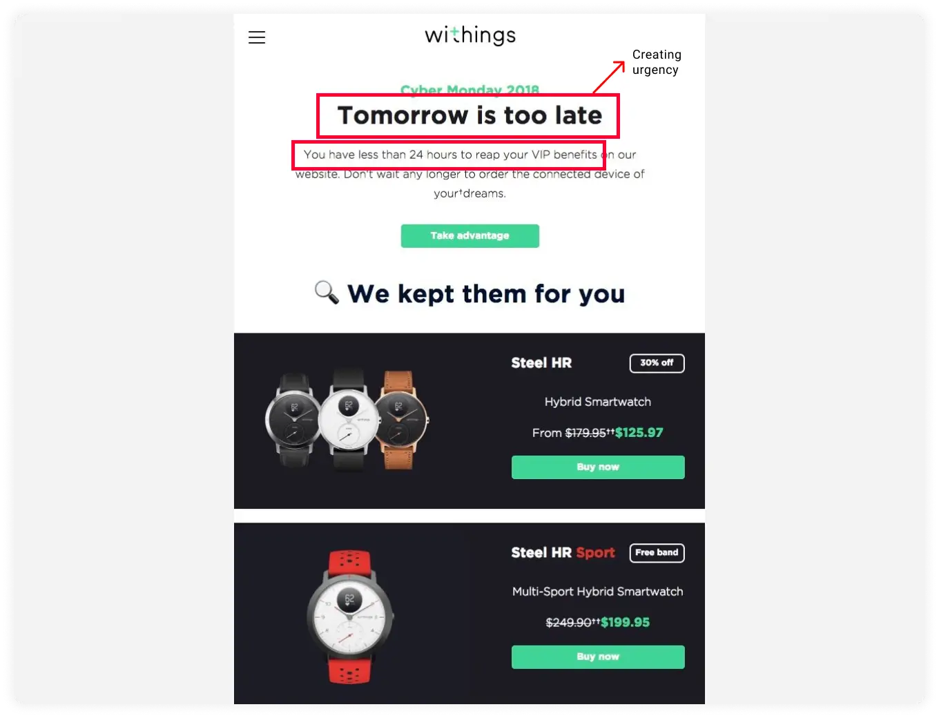 Creating urgency in email with heading: "Tomorrow is too late."