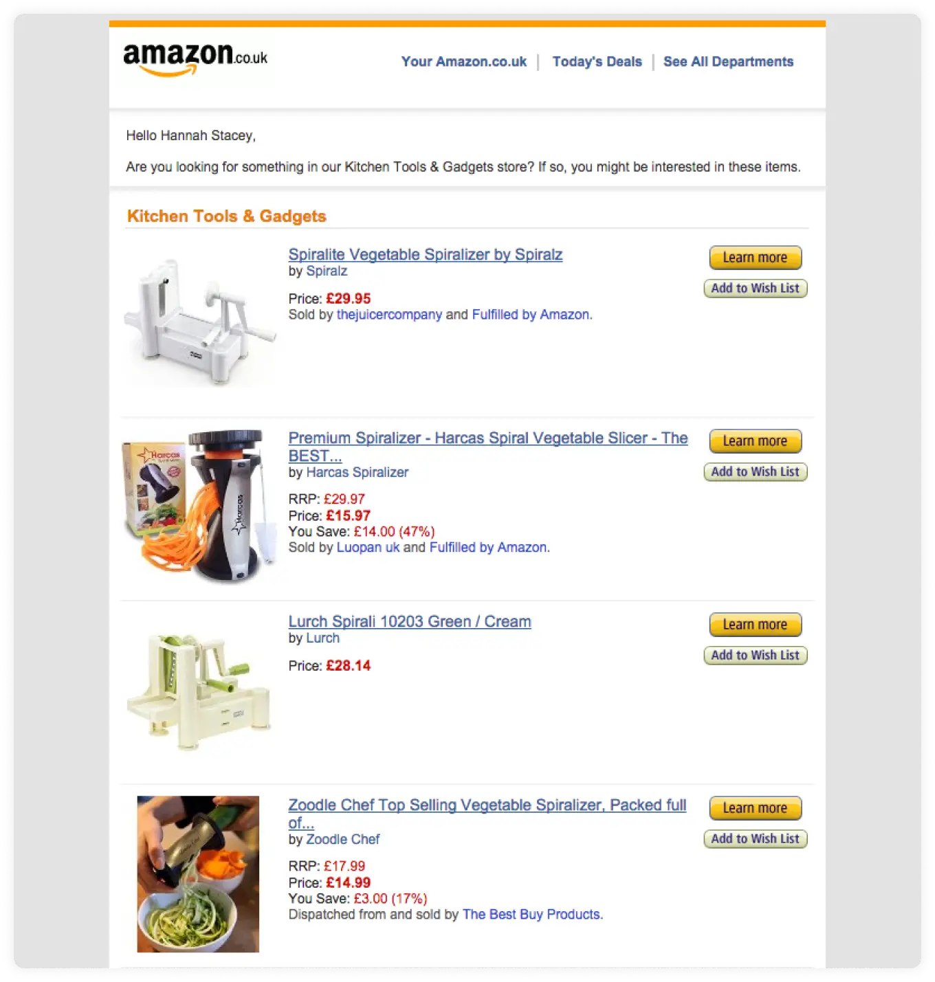 Amazon's product recommendation email